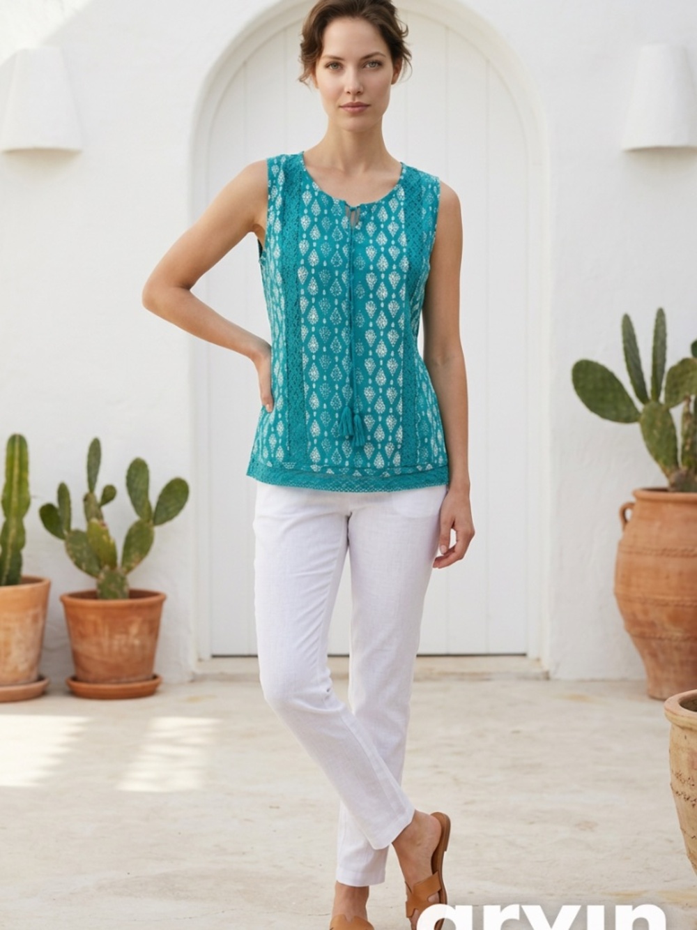 Madison Top Sleeveless, Teal & White, Lace in Front, Sz. M, EUC